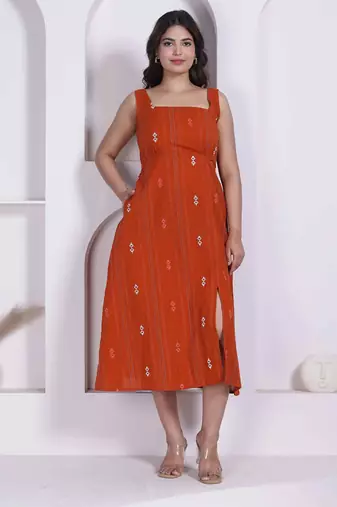 Miravan womens abstract printed rust a line maxi dress