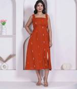 Miravan womens abstract printed rust a line maxi dress