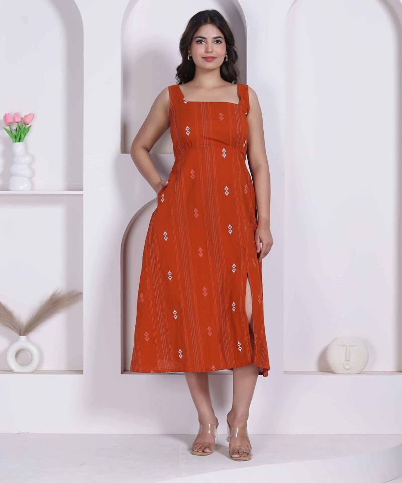 Miravan womens abstract printed rust a line maxi dress
