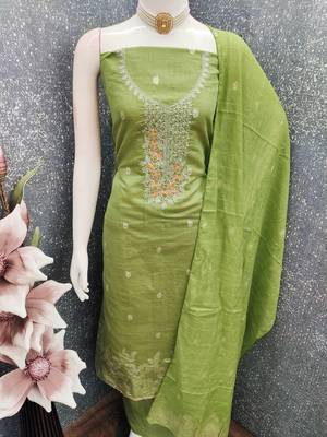 green weaved dani cotton unstitched dress material  4