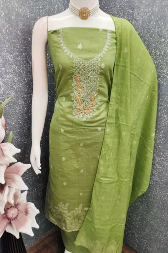 green weaved dani cotton unstitched dress material 