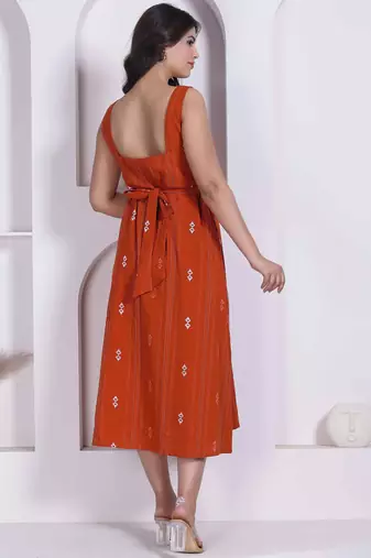 Miravan womens abstract printed rust a line maxi dress