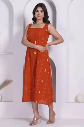 Miravan womens abstract printed rust a line maxi dress