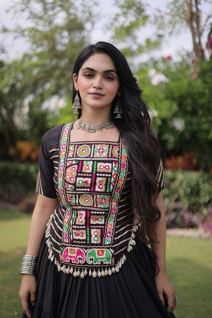 Black Kora Cotton Navratri Lehenga Choli with Kutchi Patch Work | Fully Stitched Chaniya Choli for Navratri