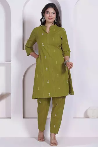 womens green printed cotton straight kurta and palazzo
