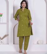 womens green printed cotton straight kurta and palazzo
