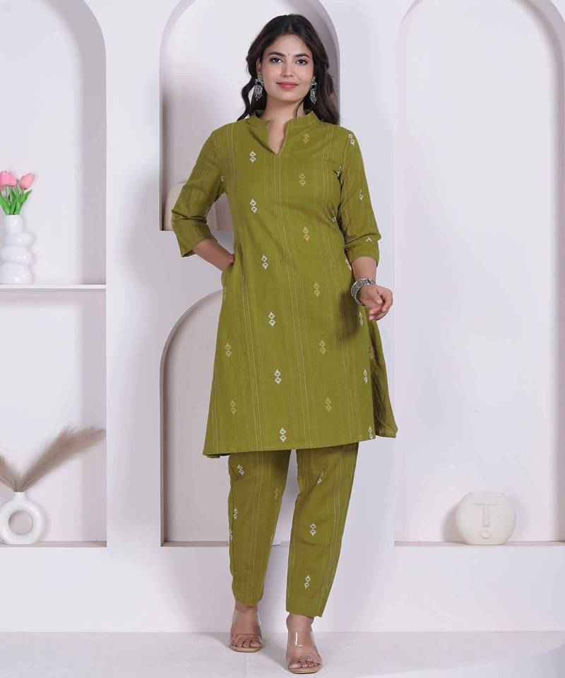 womens green printed cotton straight kurta and palazzo