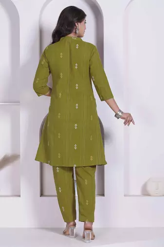 womens green printed cotton straight kurta and palazzo
