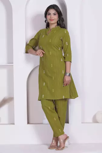 womens green printed cotton straight kurta and palazzo