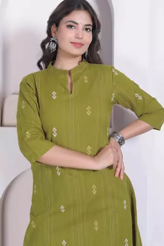 womens green printed cotton straight kurta and palazzo