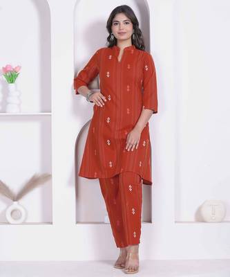 womens rust colour abstract printed cotton kurta with palazzo 1