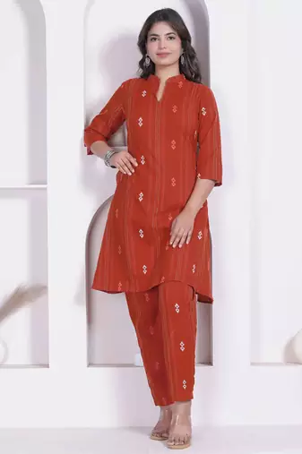 womens rust colour abstract printed cotton kurta with palazzo