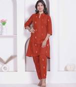 womens rust colour abstract printed cotton kurta with palazzo
