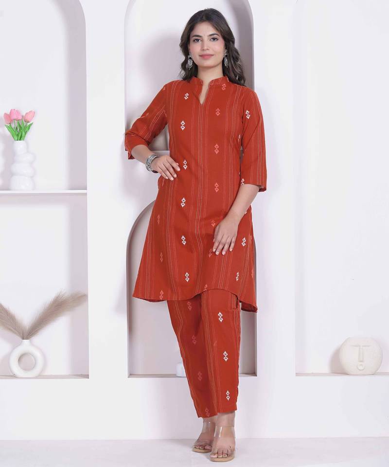womens rust colour abstract printed cotton kurta with palazzo