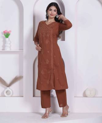 womens brown floral printed angrakha style kurta with palazzo 1