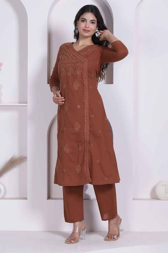 womens brown floral printed angrakha style kurta with palazzo