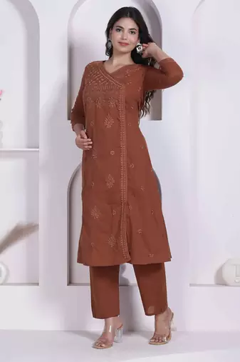 womens brown floral printed angrakha style kurta with palazzo