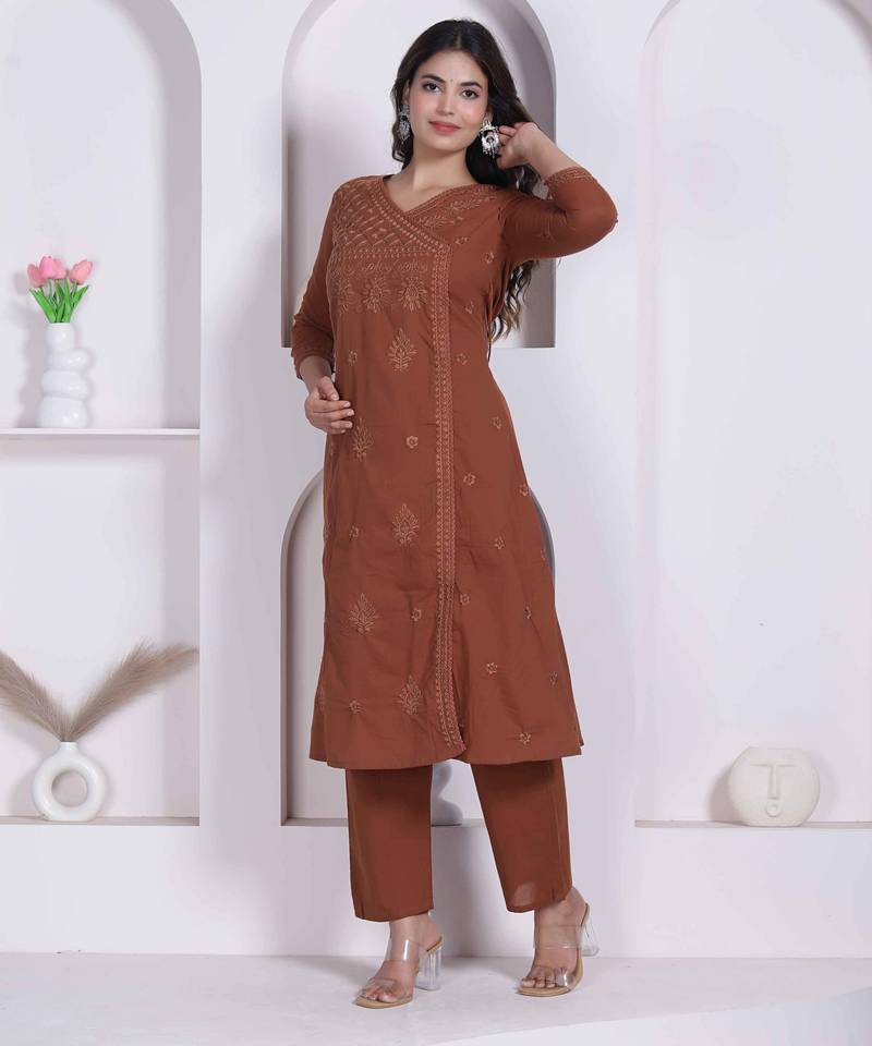 womens brown floral printed angrakha style kurta with palazzo