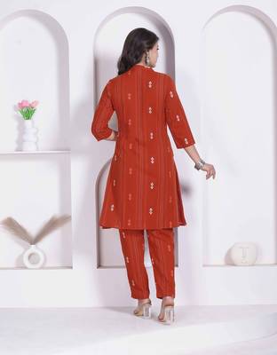 womens rust colour abstract printed cotton kurta with palazzo 2
