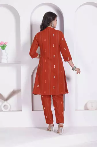 womens rust colour abstract printed cotton kurta with palazzo