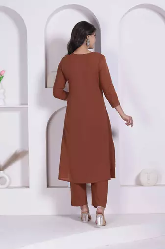 womens brown floral printed angrakha style kurta with palazzo