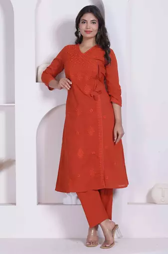 womens rust floral printed angrakha style kurta with palazzo