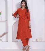womens rust floral printed angrakha style kurta with palazzo