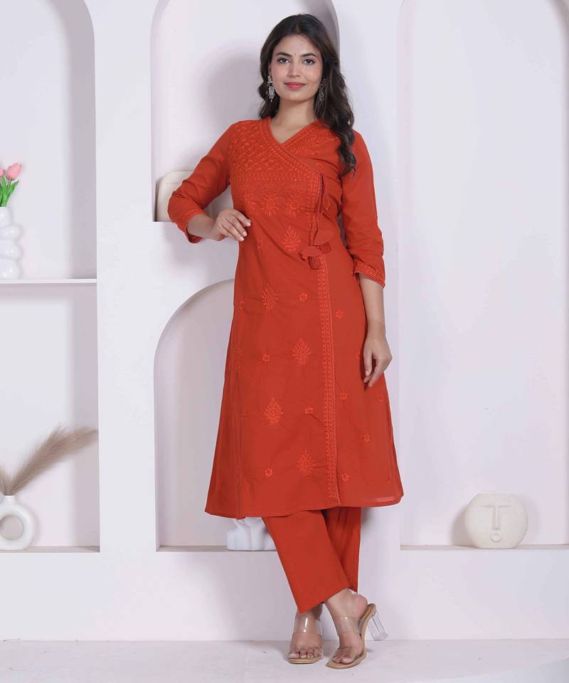 womens rust floral printed angrakha style kurta with palazzo