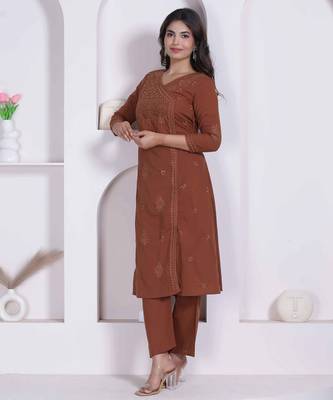 womens brown floral printed angrakha style kurta with palazzo 3