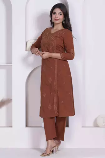 womens brown floral printed angrakha style kurta with palazzo