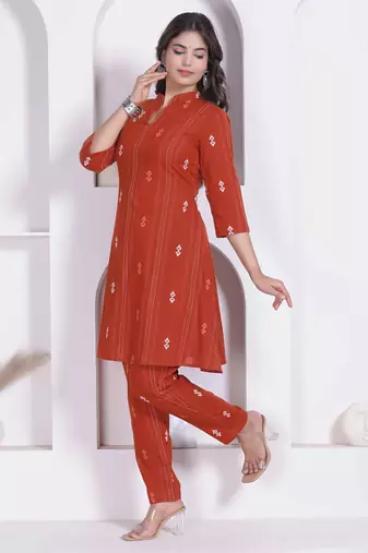 womens rust colour abstract printed cotton kurta with palazzo