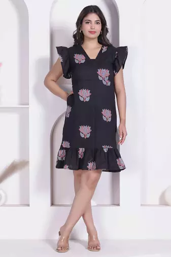 Miravan women empire waist black midi length dress