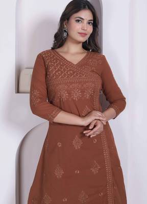 womens brown floral printed angrakha style kurta with palazzo 4