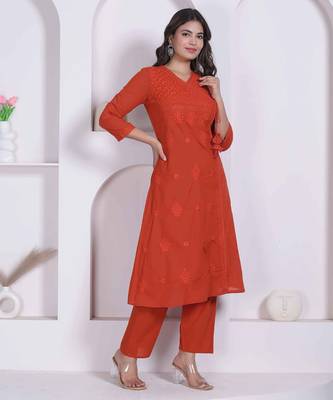 womens rust floral printed angrakha style kurta with palazzo 3