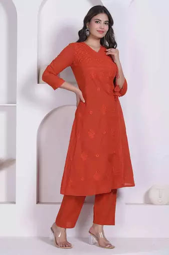 womens rust floral printed angrakha style kurta with palazzo