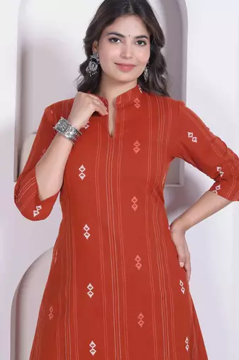 womens rust colour abstract printed cotton kurta with palazzo