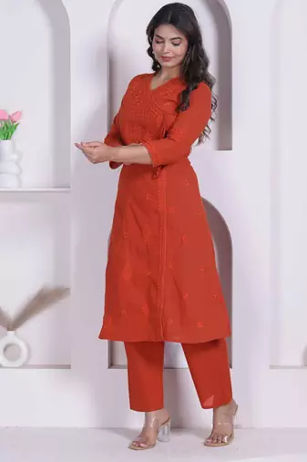 womens rust floral printed angrakha style kurta with palazzo