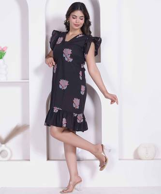 Miravan women empire waist black midi length dress 4