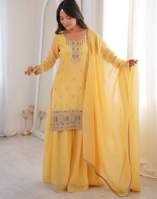 Women's Gorgeous Embroidery Work Crunchy Silk Fabric Straight Kurta Sharara and Dupatta Set 1