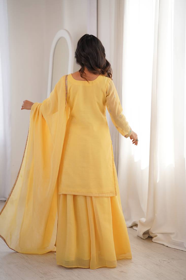Women's Gorgeous Embroidery Work Crunchy Silk Fabric Straight Kurta Sharara and Dupatta Set