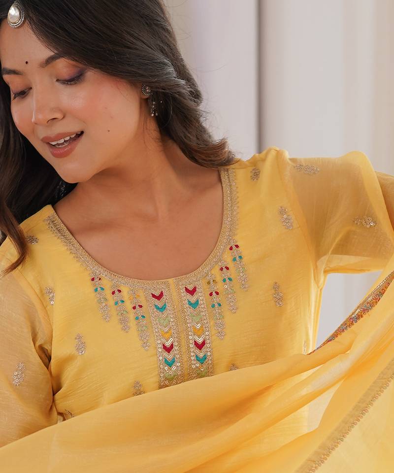 Women's Gorgeous Embroidery Work Crunchy Silk Fabric Straight Kurta Sharara and Dupatta Set
