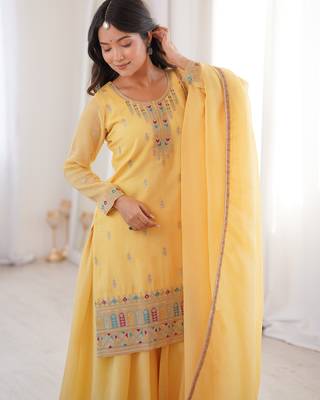 Women's Gorgeous Embroidery Work Crunchy Silk Fabric Straight Kurta Sharara and Dupatta Set 5