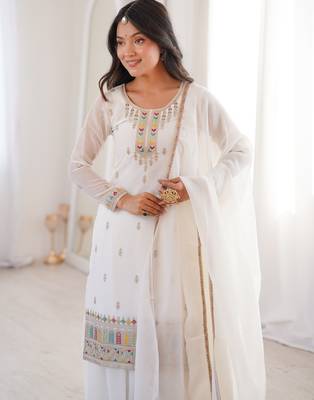 Women's Gorgeous Embroidery Work Crunchy Silk Fabric Straight Kurta Sharara and Dupatta Set 2