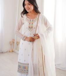 Women's Gorgeous Embroidery Work Crunchy Silk Fabric Straight Kurta Sharara and Dupatta Set
