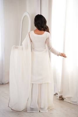 Women's Gorgeous Embroidery Work Crunchy Silk Fabric Straight Kurta Sharara and Dupatta Set 3