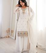 Women's Gorgeous Embroidery Work Crunchy Silk Fabric Straight Kurta Sharara and Dupatta Set