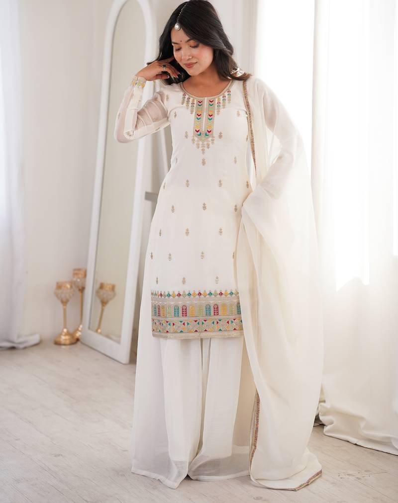 Women's Gorgeous Embroidery Work Crunchy Silk Fabric Straight Kurta Sharara and Dupatta Set