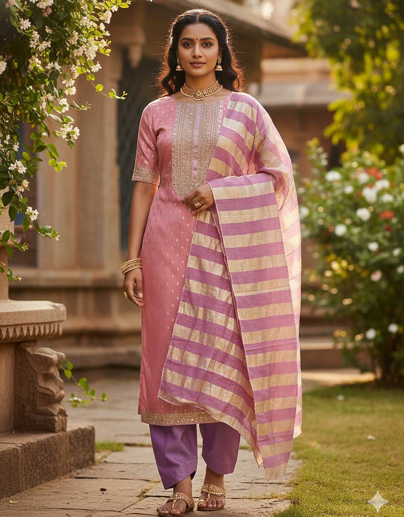 pink weaved shimmer jacquard butti unstitched dress material 