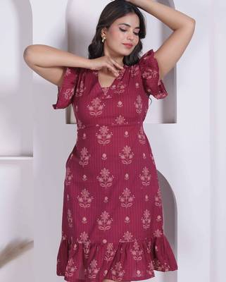 Miravan women empire waist maroon midi length dress 5
