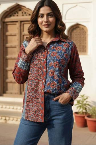 Floral Print Ethnic Shirt Style Top